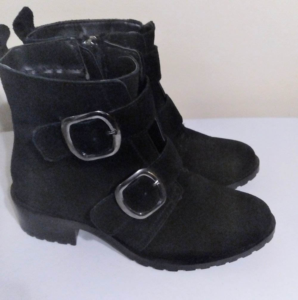 Anne Klein Black Leather  Moto‎ Boots Aknilos Iflez  Suede Chunky Buckles 6.5